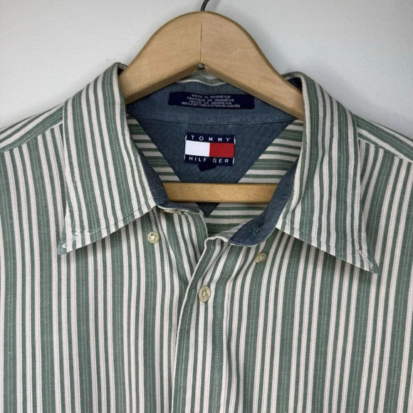Tommy Hilfiger Vintage Men’s Button Down Shirt Green White XL Retro Stripes - Picture 2 of 9